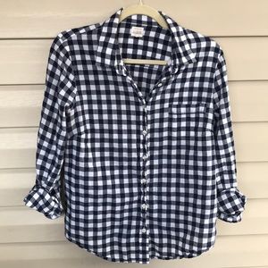 J Crew Navy button up plaid top.